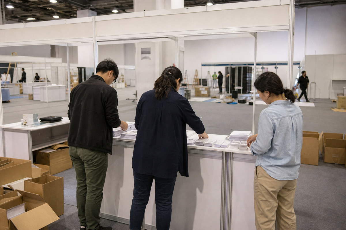 海外展会布展与市场进入准备的工作场景